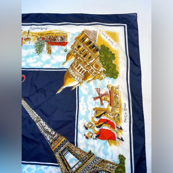 Vintage Paris France Souvenir Scarf Tourist Travel Scarf Blue White Eiffel Tower - Picture 4 of 9